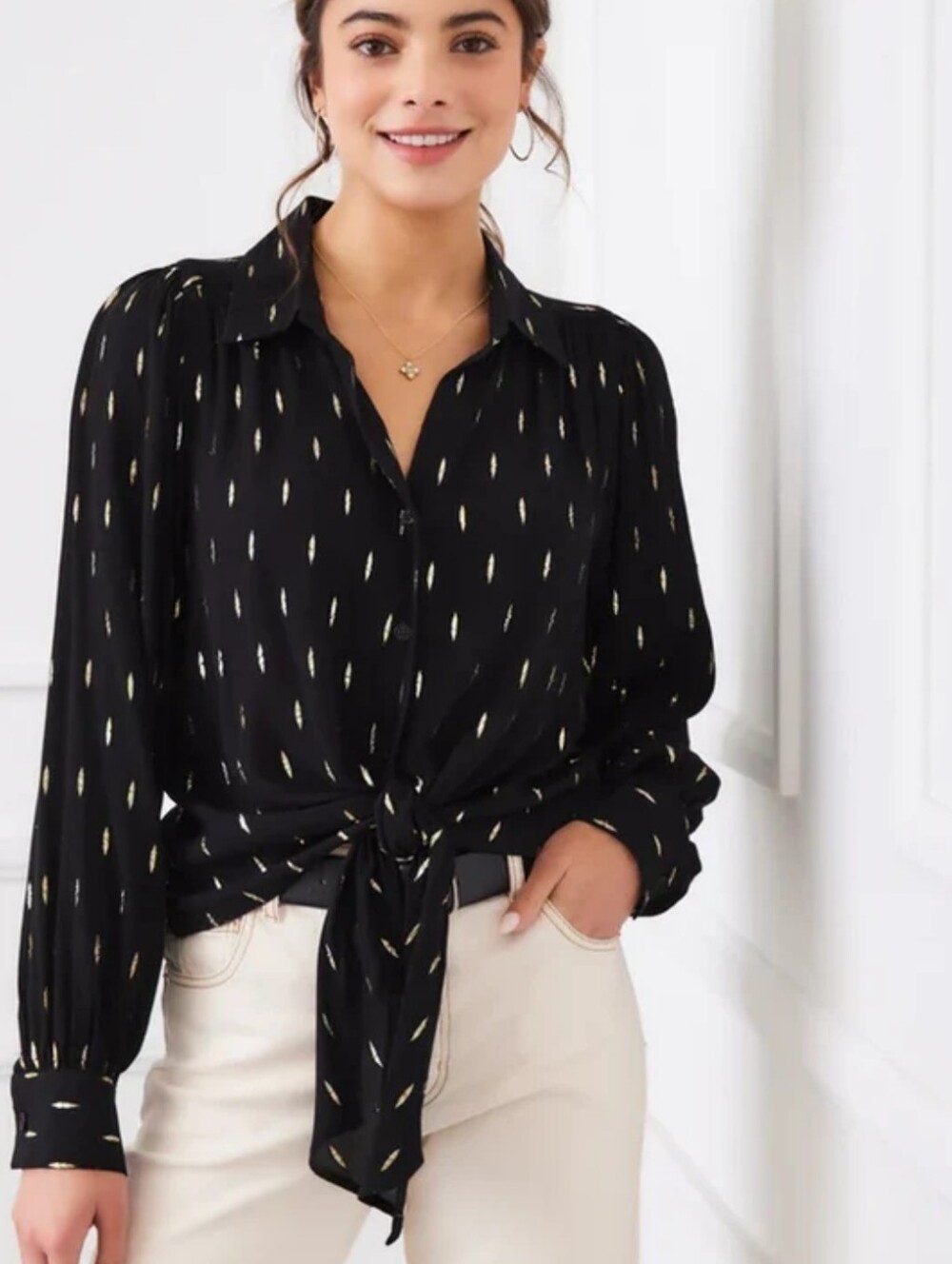 Karen Kane Tie Front Long Sleeve Black And Gold Top New With Tags